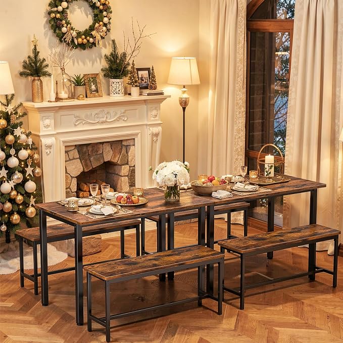 Dining Table Set for 4, Kitchen Table with 2 Benchs, Brown | Modern Functional 3 Piece Space-Saving Dining Room Table Set for Apartment, Breakfast Nook, Small Space