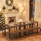 Dining Table Set for 4, Kitchen Table with 2 Benchs, Brown | Modern Functional 3 Piece Space-Saving Dining Room Table Set for Apartment, Breakfast Nook, Small Space
