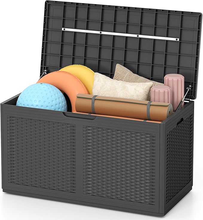 RELAX4LIFE 100-Gallon Resin Deck Box - Waterproof Outdoor Storage Box Container w/Lockable Lid & Wheels, Faux Rattan Porch Bench for Patio Furniture Cushions, Pool Accessories, Garden Tools (Grey)