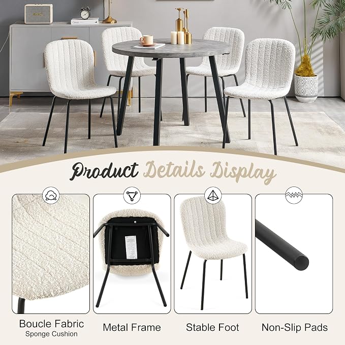 5-Pieces 37.4" Round Dining Table Set for 4,Mid Century Modern Small Coffee Table, Engineered Wood Table and Chairs Set of 4 for Kitchen, Dining Room, Office(1 Table + 4 White Boucle Chairs)