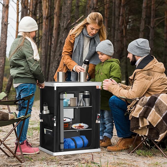 EAGLE PEAK Outdoor Folding Camping Table with Large 3-Tier Storage Organizer and Side Pockets, Easy Set Up Portable Aluminum Camping Kitchen, Black