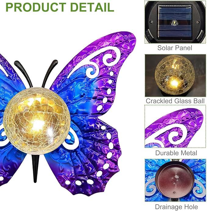 Solar Lights Outdoor Garden Butterfly Decor, Metal Butterfly Statue Decoration with LED Crackle Glass Globe, Solar Powered Lighted Garden Art Decor for Patio Lawn Yard Pathway Tabletop Ground