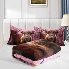 Cow Print Comforter Set Queen Size Cherry Blossoms Cow Bedding Set Farmhouse Animals Quilt Bed Set with 1 Comforter and 2 Pillowcases