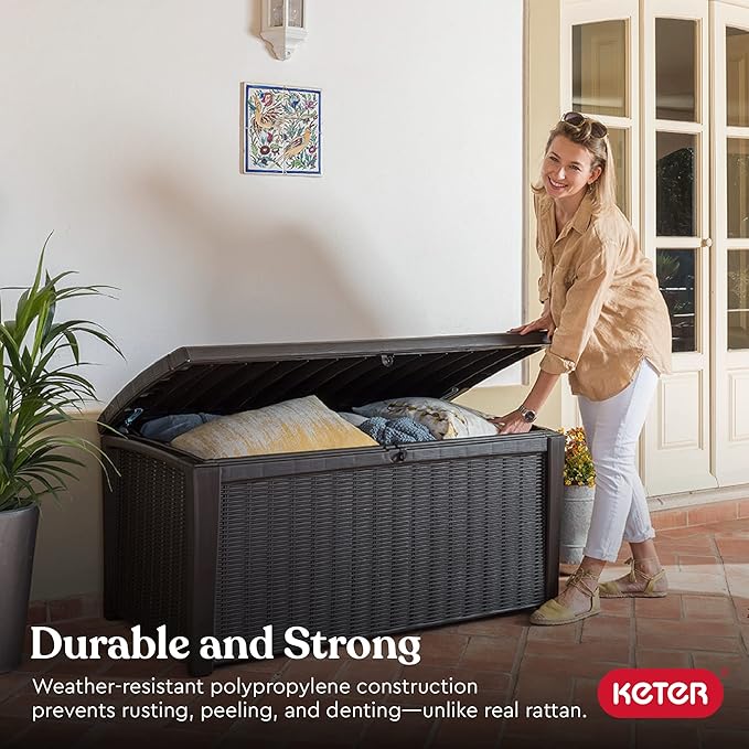 Keter Borneo 110 Gallon Storage Box, All-Weather Wicker Rattan-Style Resin Deck Box and Stylish Outdoor Bench with Piston-Assisted Lockable Lid, Grey