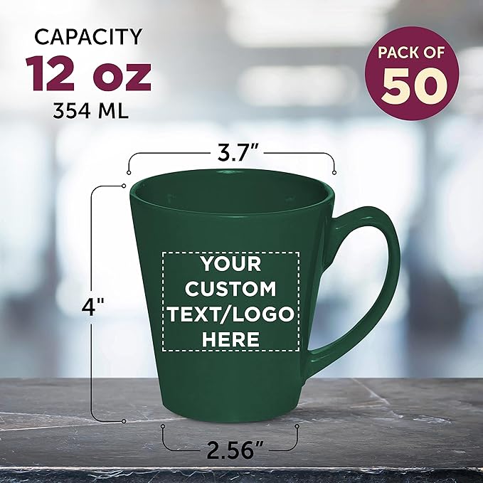 DISCOUNT PROMOS Custom Glossy Ceramic Latte Coffee Mug 12 oz. Set of 50, Personalized Bulk Pack - Perfect for Tea, Espresso, Cappuccino, Hot Cocoa - Green