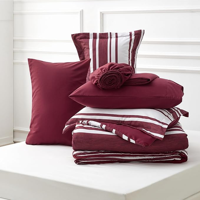 Bedsure Bed in a Bag King Size 7-Piece Burgundy White Striped Bedding Comforter Sets All Season Bed Set, 2 Pillow Shams, Flat Sheet, Fitted Sheet and 2 Pillowcases