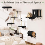 7-in-1 Cat Wall Shelves, Cat Climbing Wall Systems, Space-Saving Wall Mounted Cat Shelves for Play & Rest Includes Tunnel, House, Bridge, Steps, Scratcher, Hammock, Shelves, Black