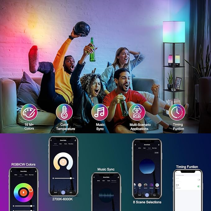 SUNMORY Floor Lamp with Shelves, Smart APP Control Standing Lamps with RGB Bulb, 4-Tier Dimmable Floor Lamps for Living Room, Tall Lamp for Bedroom, Office, Corner Display Bookshelf Lamp