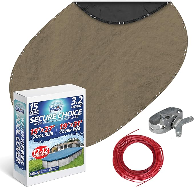Winter Swimming Pool Cover for 15 ft x 27 ft Aboveground Oval Pool Size, Secure Choice Series, Solid Material, Color - Sandstone Tan, Pool Cover Choice 571527-4CHOICE