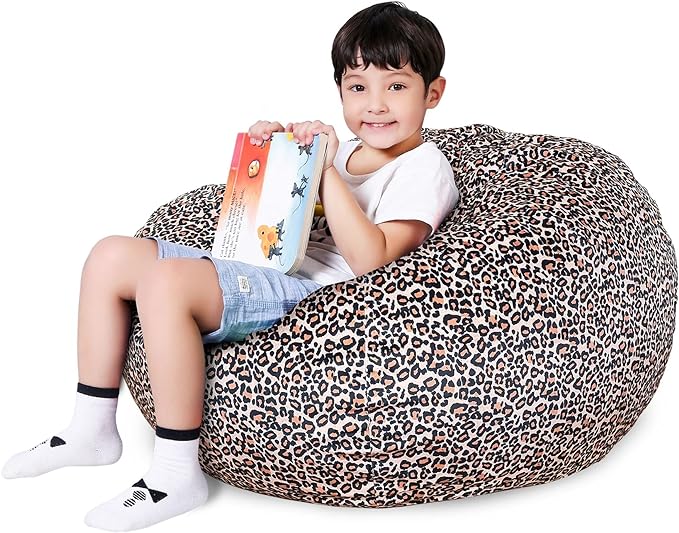 Lukeight Stuffed Animal Storage Bean Bag Chair Cover for Kids, Zipper Beanbag Chair Cover for Organizing Toddler & Kids' Rooms Plush Toys (Leopard Velvet, X-Large)