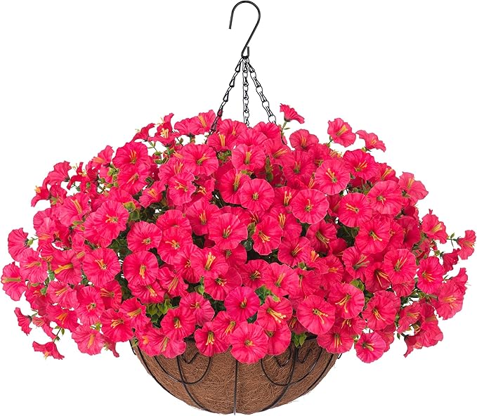 Artificial Faux Hanging Plants Flowers Basket for Outdoor Outside Spring Summer Decoration, Silk Morning Glory in Planter UV Resistant Look Real Fake Flower for Porch Patio Balcony Home Yard, Hot Pink