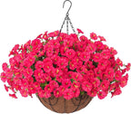Artificial Faux Hanging Plants Flowers Basket for Outdoor Outside Spring Summer Decoration, Silk Morning Glory in Planter UV Resistant Look Real Fake Flower for Porch Patio Balcony Home Yard, Hot Pink