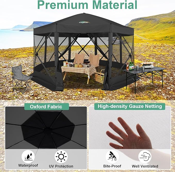 COBIZI 15x15ft Extra Large Pop-Up Gazebo Canopy Tent with Mosquito Netting, Spacious Easy Set-Up Screened Shelter, Durable Outdoor Pavilion with Ground Stakes, Perfect for Patio, Backyard,Black