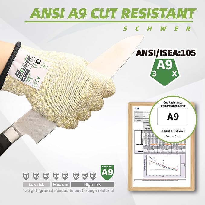 Schwer SlicePro ANSI A9 Cut Resistant Gloves, Food Grade Cutting Gloves for Kitchen Food Prep, Mandoline Gloves for Meat Cutting, Oyster Shucking, Fish Fillet Processing, PR1501, 150 Pairs, L