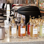 16.9 oz (500 ml) Coffee Syrup Dispenser Set- 4 Glass Bottles with Gold Pumper and Syrup Labels - Precise Dispensing and Stylish Addition to Coffee Shop, Cafe or Home Bar