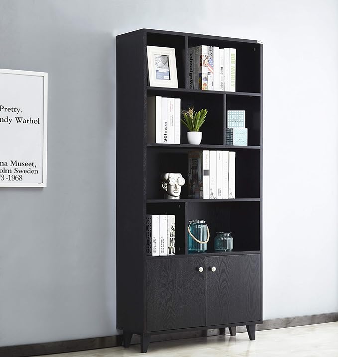 Modern Bookcase with 2 doors 68" Tall Storage Wooden Bookshelf with 7 Compartments for Home Office, Black