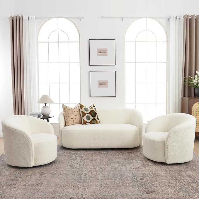 KINWELL 34" W Swivel Barrel Chair Set of 2, Mid Century Modern Round Upholstered Boucle Swivel Accent Chairs, No Assembly Sofa Chair for Living Room Bedroom Reading, Cream