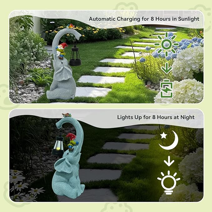 Solar Elephant Garden Statues with LED Lights, Outdoor Decor for Patio Yard Balcony - Unique Housewarming Birthday Gifts for Women Mom Grandma