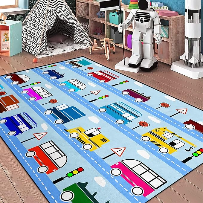 Car Rug Car Play Mat Kids Rugs for Playroom Car Rug Play Mat Rugs for Boys Bedroom Car Carpet for Kids Play Rug for Cars and Trucks Car Rug for Boys Room,Light Blue 3'×5'