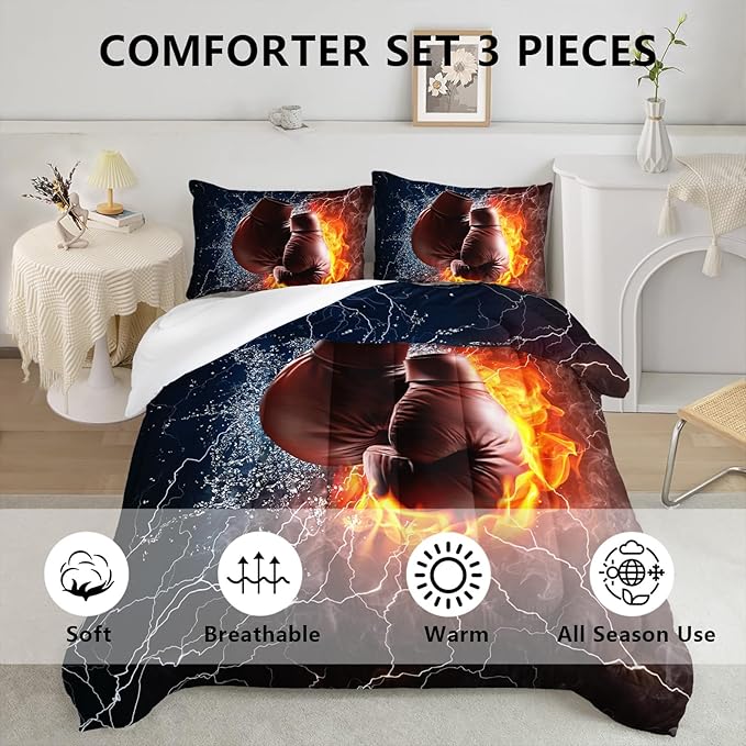 Axolotl Boxing Bedding Set Full,Sports Theme Comforter Set Boxing Gloves Pattern Bedding Set,Red Blue Cool Lightning Comforter Pugilism Games Bedding Set for Kids Boys Teens Men,1 Quilt 2 Pillowcases