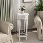 COSIEST Tall End Table with Drawer, Round Nightstand with Storage Shelf, Industrial Telephone End Table for Living Room, Bedroom, Hall Way, Space Saving Beige