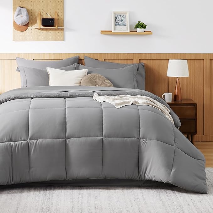 Bedsure Twin Comforter Set - 5 Pieces Solid Twin Bed in a Bag, Twin Bed Set Grey with Quilted Warm Fluffy Comforters, Sheets, Pillowcase & Sham