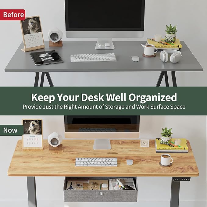 FEZIBO Standing Desk with Drawer, 55 x 24 Inches Adjustable Height Electric Stand up Desk with Storage, Sit Stand Home Office Desk, Light Rustic/Grey Frame