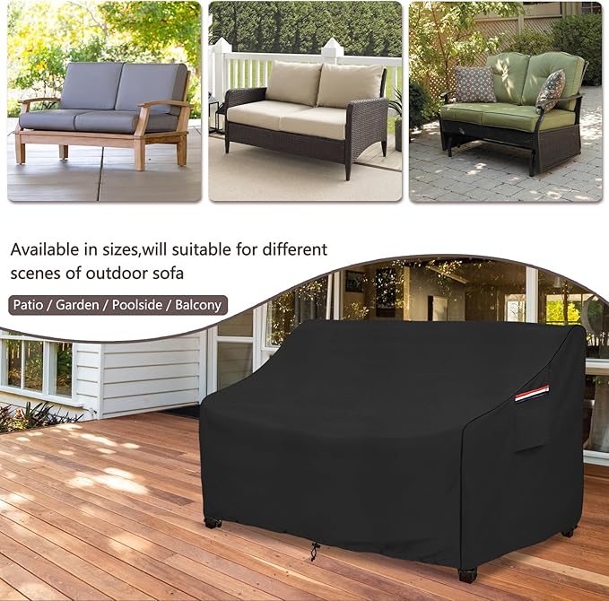 okcool Heavy Duty Patio Sofa Cover, 100% Waterproof 2-Seater Outdoor Sofa Cover Fits up to 58W x 32.5D x 31H Inches, Lawn Patio Furniture Covers,Black
