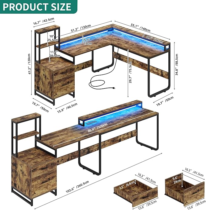 YITAHOME L Shaped Desk with Power Outlets & LED Lights, Reversible Computer Desk with Drawers & Hutch, Corner Desk Office Desk with Monitor Stand, Printer Stand, 2 Person Desk, Rustic Brown