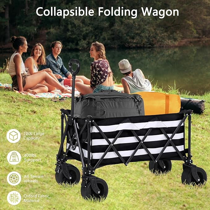 Wagons Carts Foldable with All-Terrain Big Wheels 400 LBS, Heavy Duty Collapsible Utility Wagon Cart, Folding Grocery Cart for Beach, Camping, Sports, Shopping, Garden and Fishing-Black Stripe