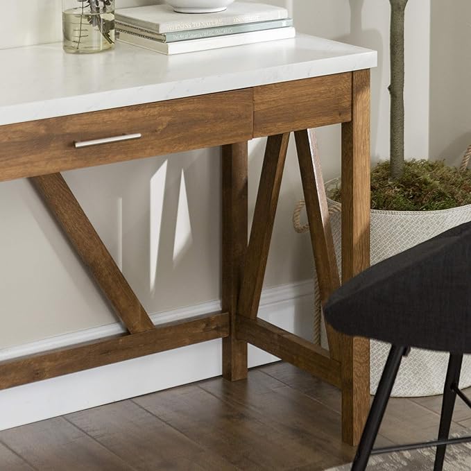 Walker Edison Rustic Farmhouse Wood Computer Writing Desk Home Office Workstation Small, 46 Inch, Marble and Walnut
