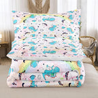 NINENINE Pink Dinosaur Comforter Set Colorful Rainbow Castle UFO Space Theme Bedding, Twin Comforter Sets for Boys Girls Kawaii Bedding Set with 1 Comforter 1 Pillowcase