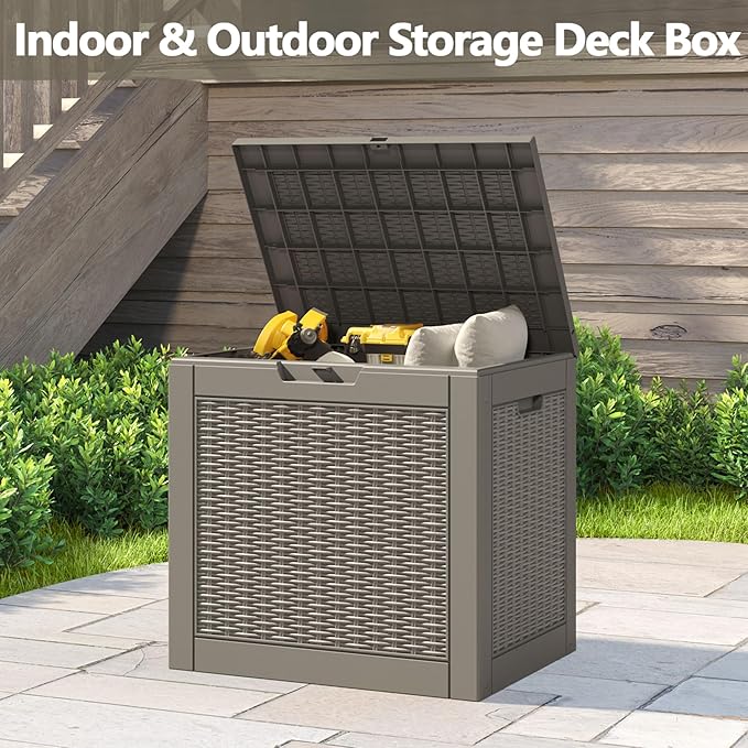 31 Gallon Deck Box, Resin Outdoor Storage Box, Waterproof and UV Resistant Deck Box, Lightweight Storage Box for Garden Tools, Pool Supplies