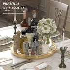 Gold and White Checkerboard Lazy Susan with Rubberwood Base and Metal Rail | Smooth rotating oak tray with walnut finish for dining tables, kitchen counters, pantries and cabinet storage.