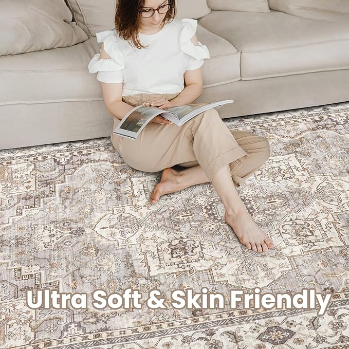 Washable Area Rugs for Living Room - 6x9 Neutral Vintage Distressed Floral Farmhouse Boho Large Soft Floor Rug Indoor Non Slip Carpet for Bedroom Dining Room Office - Grey Brown