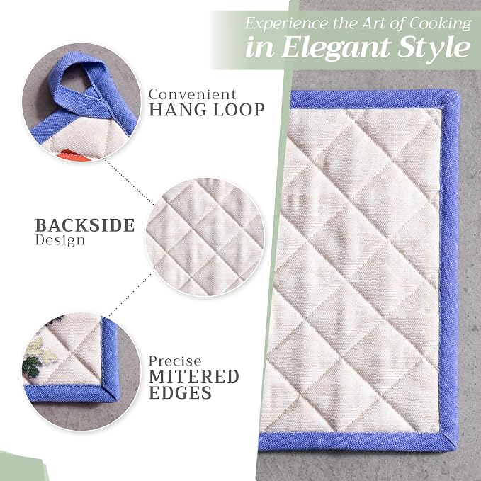 Maison d' Hermine Pot Holders 100% Cotton Potholders (8" x 8", Pack of 2) | Heat Resistant Hot Pads with Loop BBQ Cooking Baking Farmhouse Kitchen Handling Hot Pans Spring Summer - Gourmand