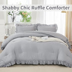 Andency Silver Gray Comforter Set Queen Size, 3 Pieces Shabby Chic Ruffle Bedding Comforter Sets for Queen Bed, Lightweight Fluffy Soft Microfiber Farmhouse Comforter Set