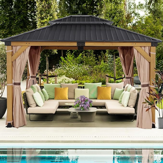 CHARMELEON 10'x12' Wood Gazebo,Patio Cedar Wood Gazebo with Mosquito Netting and Curtains, Galvanized Steel Hardtop Pavilion for Outdoor, Garden, Deck
