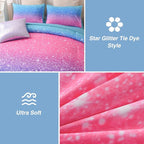 A Nice Night 6Pcs Gradient Glitter Bedding Set for Girls Full Size, Colorful Rainbow Galaxy Comforter Set, Ultra Soft Bedding Sets, Blue