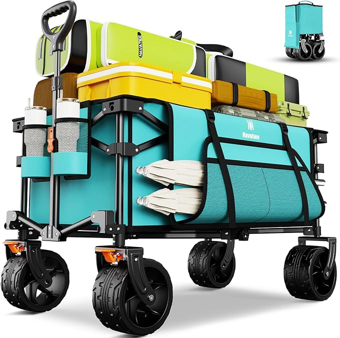 Navatiee Big Wheels Collapsible Wagon Cart Foldable, Heavy Duty Beach Wagon with Silent All-Terrain Wheels, Folding Utility Grocery Cart with Side Pocket and Brakes for Camping Garden Sports, Blue