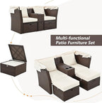 2-Seater Outdoor Patio Convertible Sunbed, All Weather Rattan Double Daybed Couch Foldable Awning, Cushions and Storage Boxes, Loveseat Sofa Set for Garden, Poolside, Balcony, Ab-Beige