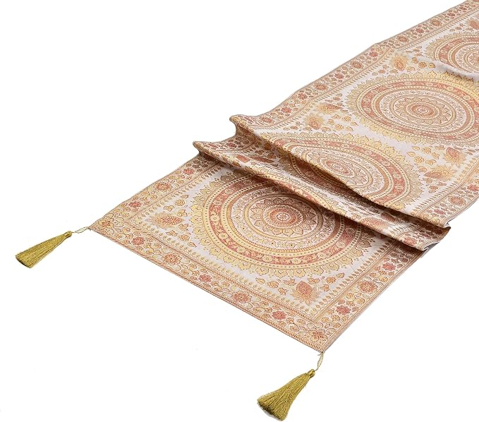 Indian Handmade Indian Traditional Table Runner Ethnic Kitchen Table Cloth for Wedding Bridal Birthday Party Diwali Decorations - Mandala Design - White