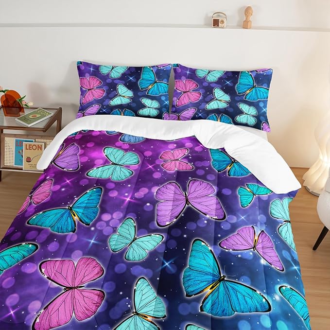 HOSIMA Butterfly Comforter Set with 2 Pillowcases,Glitter Purple Blue Butterfly Printed Bedding Set Twin Bed in A Bag Sets for Adults Kids,Starry Sky Galaxy Comforter Butterfly Room Decor Aesthetics.