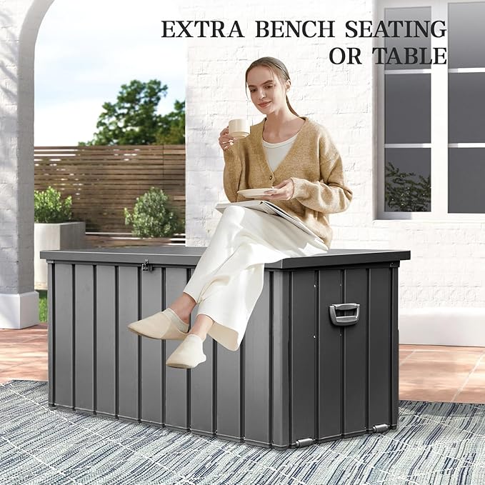 Domi 100-Gallon Outdoor Storage Box – Waterproof, Lockable Storage Cabinet for Patio Furniture, Garden Tools & Pool Supplies – Large Metal Storage for Cushions, Toys & More
