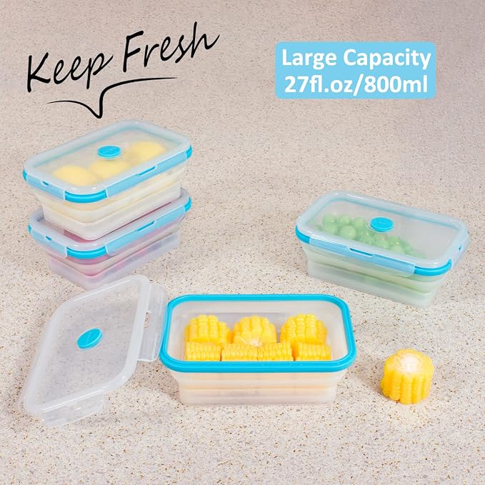 Collapsible Food Storage Containers with Airtight Lid & Vent, 27oz, Kitchen Stacking Silicone Collapsible Meal Prep Container Set for Leftover, Microwave Freezer Dishwasher Safe, Translucent, Set of 4