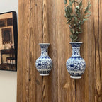 Set of Two Blue and White Porcelain Wall Vases for Flowers – Handmade Chinoiserie Ceramic Wall Mounted Flower Vase, Decorative Hanging Vases for Living Room, Bookshelf & Indoor Décor