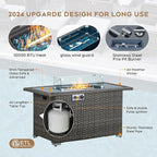 Yechen Patio Conversation Set 9 Seats with 44" Propane Gas Fire Pit Table - 8 Pcs Outdoor Wicker Furniture Set with Lid & Wind Shields - Sectional Sofa Set for Porch,Backyard