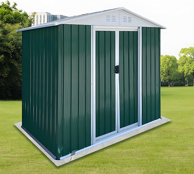 6' x 4' Metal Outdoor Storage Shed, Garden Tool House with 2 Vents and 2 Easy Sliding Doors for Backyard, Patio, Garage, Lawn Metal Storage Shed （Green）
