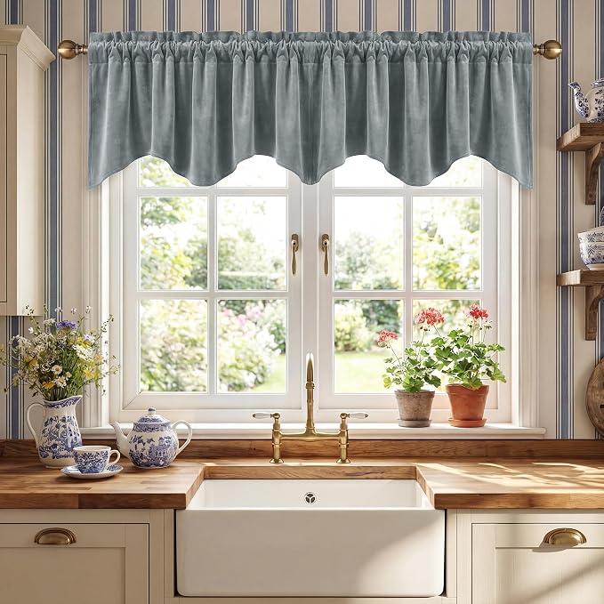 Stone Blue Velvet Window Valance Scalloped 52x18 Inch 1 Panel | Soft Wavy Blue Scalloped Curtains for Small Windows, Modern Window Treatment for Bathroom, Laundry, RV