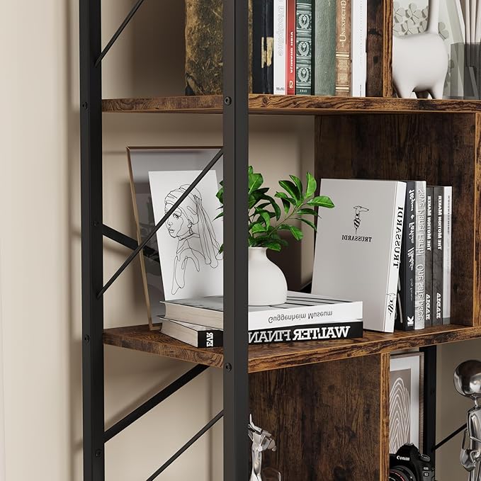 5 Tier Bookshelf with Storage, 61 Inch Tall Industrial Book Shelf with Open Display Bookshelves, 5 Shelf Bookcase with Metal Frame for Living Room, Bedroom and Home Office-Rustic Brown